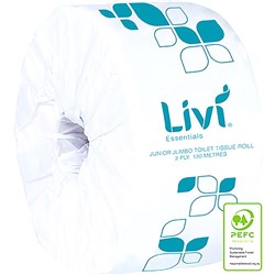 Livi Essentials Toilet Paper 2 Ply Junior Jumbo Roll 120m Box of 16