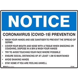 Brady Safety Sign Coronavirus Prevention H300xW450mm Polypropylene