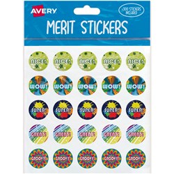 Avery Merit Stickers Caption 3 Round 22mm 5 Designs Assorted Colours 300 Stickers