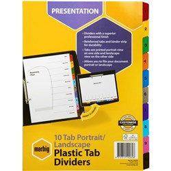 Marbig Plastic Divider A4 10 Tab Portrait Landscape Multi Colour