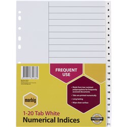 Marbig Plastic Indices & Dividers A4 1-20 White 