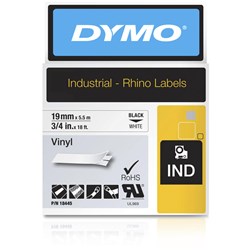 Dymo 18445 Rhino Industrial Labels 19mmx5.5m Vinyl Black on White