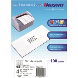 Unistat Laser Copier & Inkjet Labels 51x15mm 45UP 4500 Labels 100 Sheets