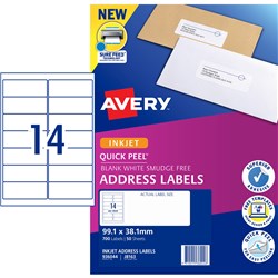 Avery Quick Peel Address Laser Inkjet Labels White J8163 99.1x38.1mm 15UP 700 Labels