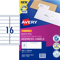 Avery Quick Peel Address Laser Inkjet Labels White J8162 99.1x34mm 15UP 750 Labels