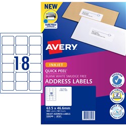 Avery Quick Peel Address Laser Inkjet Labels White J8161 63.5x46.6mm 18UP 900 Labels