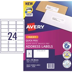 Avery Quick Peel Address Laser Inkjet Labels White J8159 64x34mm 24UP 1200 Labels