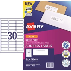 Avery Quick Peel Address Laser Inkjet Labels White J8158 63.5x38.1mm 30UP 1500 Labels