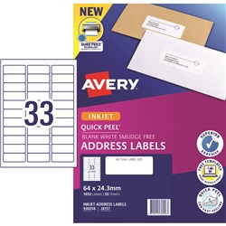 Avery Quick Peel Address Laser Inkjet Labels White J8157 64x24.3mm 33UP 1650 Labels