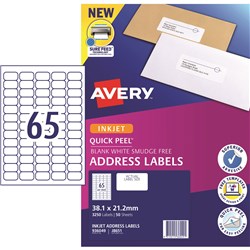 Avery Quick Peel Address Laser Inkjet Labels White J8651 38.1x21.2mm 65UP 3250 Labels