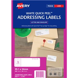 AVERY L7162 MAILING LABELS Laser 16 L/P/Sht 99.1x34mm Address Box of 640