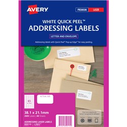 AVERY L7651 MAILING LABELS Laser 65 L/P/Sht 38.1x21.2mm Return Address Box of 2600