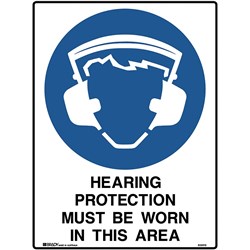 Brady Mandatory Sign Hearing Protection Must Be Worn 450W x 600mmH Poly White/Blue